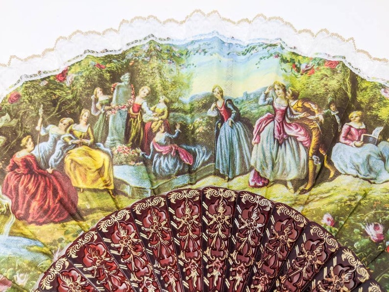 FREE SHIPPING 1900/'s Inspired Eventail Vintage 1980/'s Hand Fan with Beautiful Antique Pattern