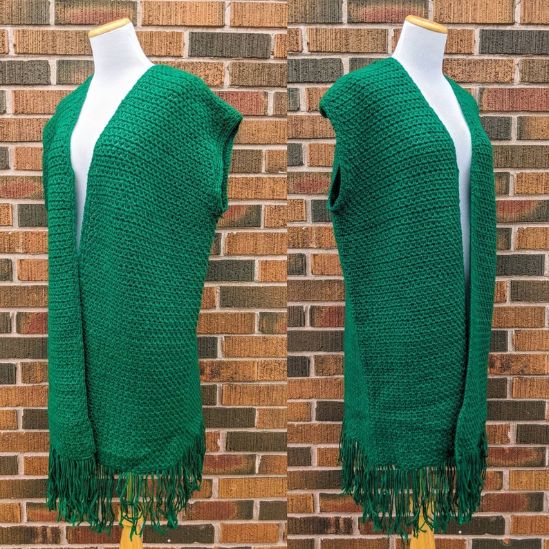 Crocheted Green Long Vest One Size Fits All FREE SHIPPING Vintage 1970/'s Hand Knit