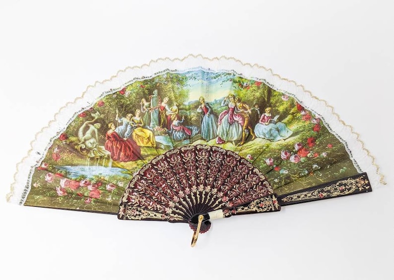 FREE SHIPPING 1900/'s Inspired Eventail Vintage 1980/'s Hand Fan with Beautiful Antique Pattern