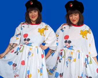 Handmade, Upcycled Walt Disney's Vintage 1980's Mickey Mouse Bedsheet Dress Fits 2XL