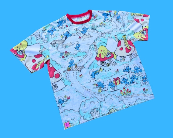 Handmade, Upcycled The Smurfs Bedsheet T-Shirt Ov… - image 2