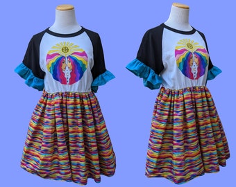 Handmade, Upcycled Cher T-Shirt Dress with Groovy, Colorful Fabric Size S