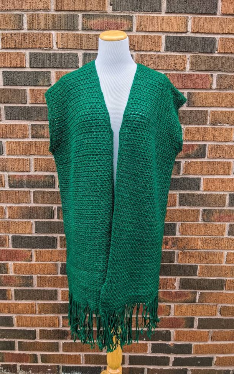 Crocheted Green Long Vest One Size Fits All FREE SHIPPING Vintage 1970/'s Hand Knit