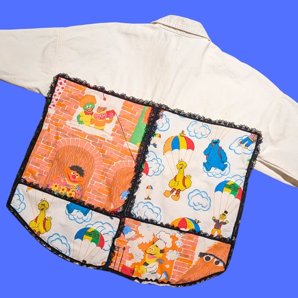 Handmade, Upcycled White Denim Jacket Patched Up with Bedsheets Scraps of Sesame Street Size L-XL