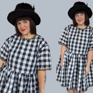 Handmade, Upcycled Black and White Checkers Patterned Table Cloth T-Shirt Dress Fits S-M-L-XL