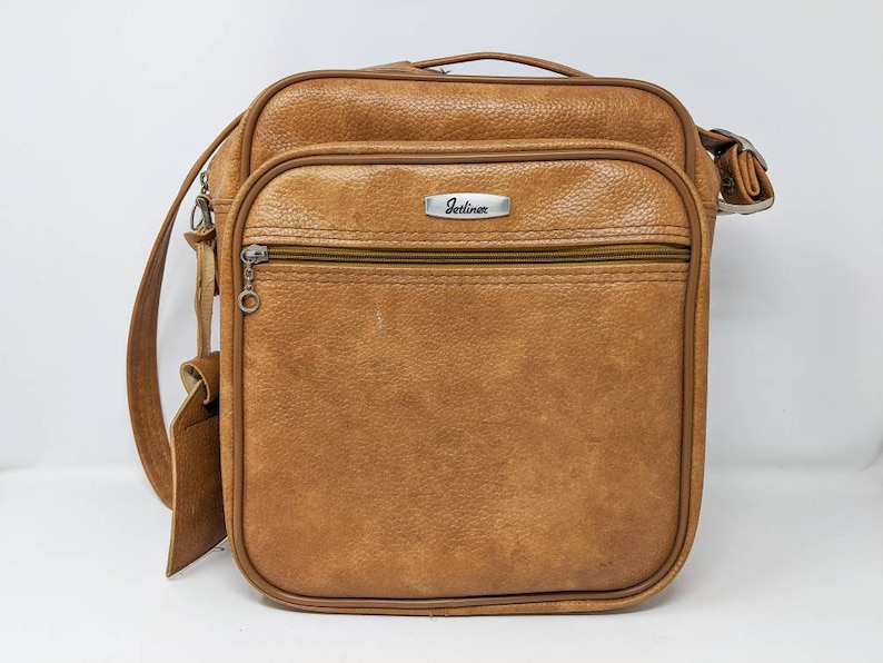 Vintage 1970/'s Jetliner Beige-Brown Shoulder Strap Leather Travel Bag FREE SHIPPING