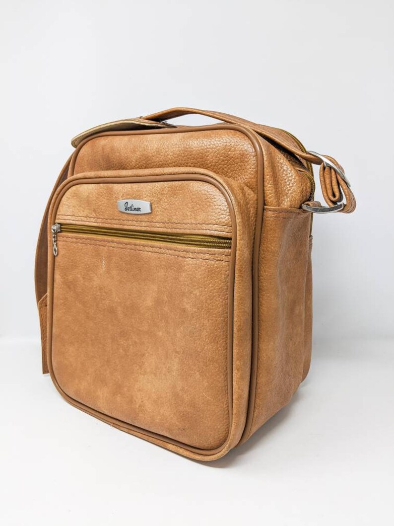 Vintage 1970/'s Jetliner Beige-Brown Shoulder Strap Leather Travel Bag FREE SHIPPING