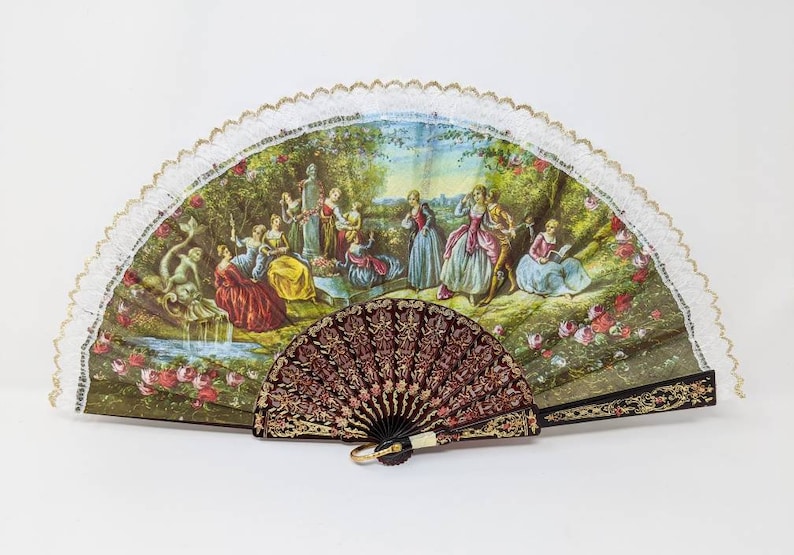 FREE SHIPPING 1900/'s Inspired Eventail Vintage 1980/'s Hand Fan with Beautiful Antique Pattern
