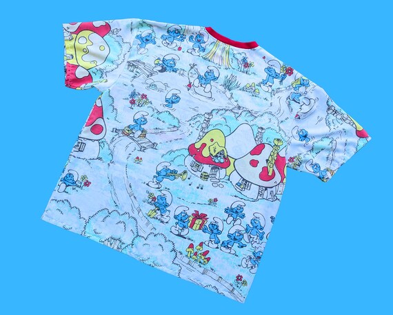 Handmade, Upcycled The Smurfs Bedsheet T-Shirt Ov… - image 3