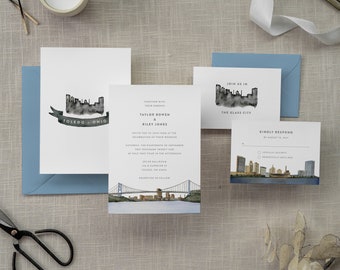 Minimalist Toledo Ohio 4 Piece Wedding Invitation Suite | Wedding Invitations | Watercolor Map Invites | Glass City OH City Skyline