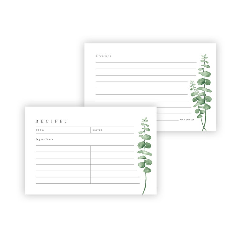 Eucalyptus Recipe Cards for Recipe Box / Cooking Directions Etsy