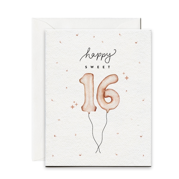 Happy Birthday Rose Gold Balloon Greeting Card | Sweet Sixteen Card | Happy 16th Birthday | Teen bday card | Sweet 16 | Party