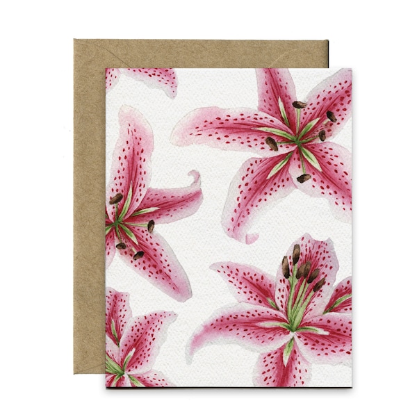 Pink Stargazer Lily Flowers Blank Greeting Card (Blank Inside) / Florals / Spring / Summer / Boho / Plant Mom / Plant Dad / Garden