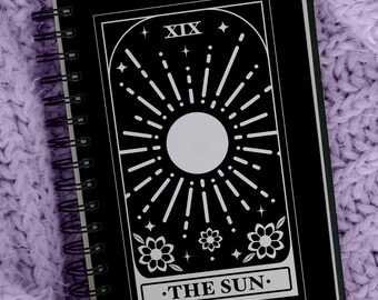 Tarot Card The Sun Black Notebook | Sun, Flowers, Stars, Mystical | Black & White Minimalist Style | Witchy Gothic Aesthetic