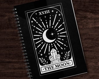 Tarot Card The Moon Black Notebook | Moon, Stars, Crystals | Black & White Minimalist Style | Witchy Gothic Aesthetic