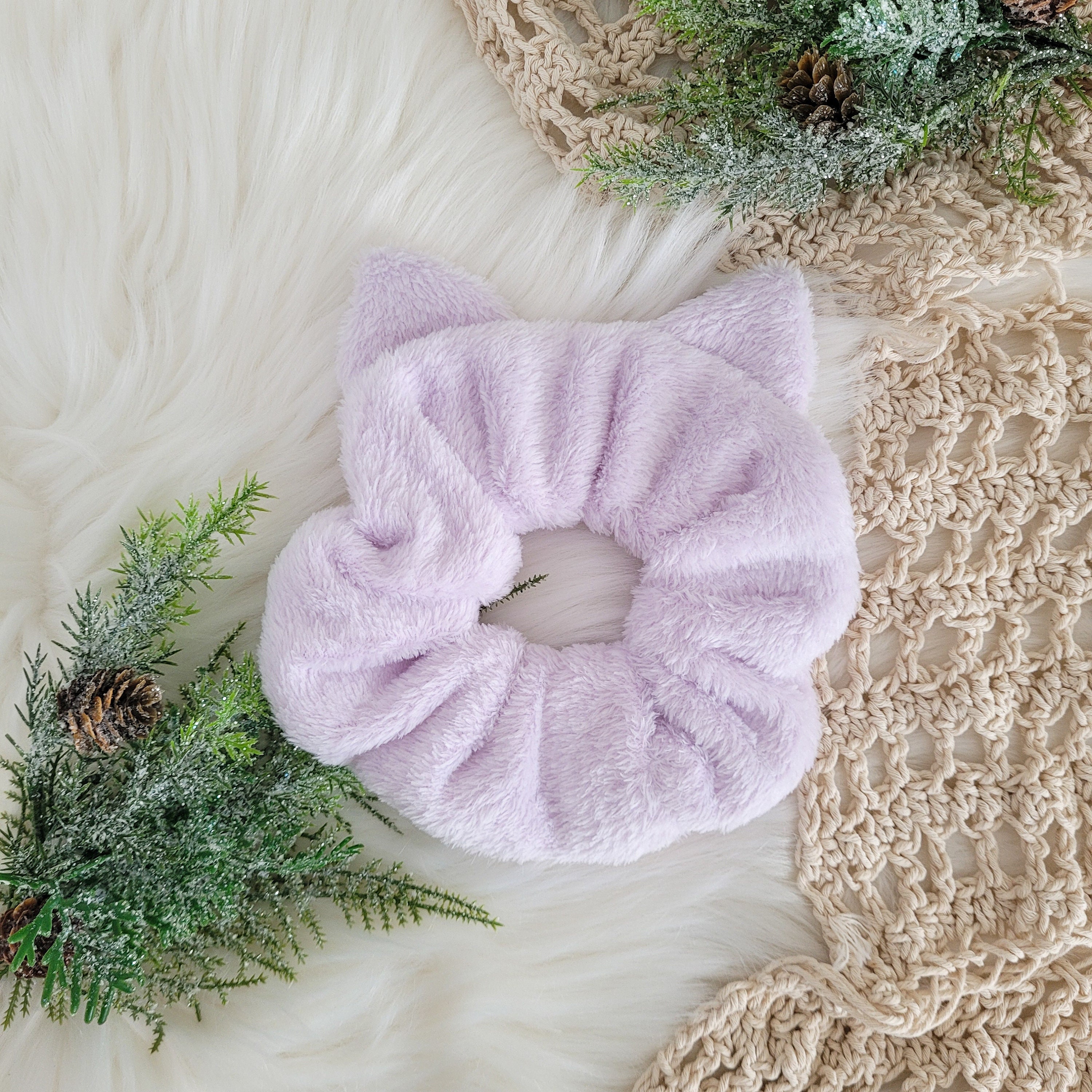 Elegant Fur Hair Scrunchie in Deep Purple Pure Mulberry Silk Scrunchies. Deep Purple Iris Lavender  main image 2