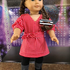 18 inch doll red & white checkered long sleeve tie tunic wrap top dress outfit with matching belt, black leggings, cuffed suede boots