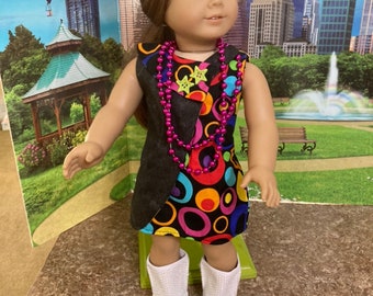18 inch doll retro 70s black sparkle faux denim color block polka dot abstract neck dress with formal party hat, faux leather boots, & beads