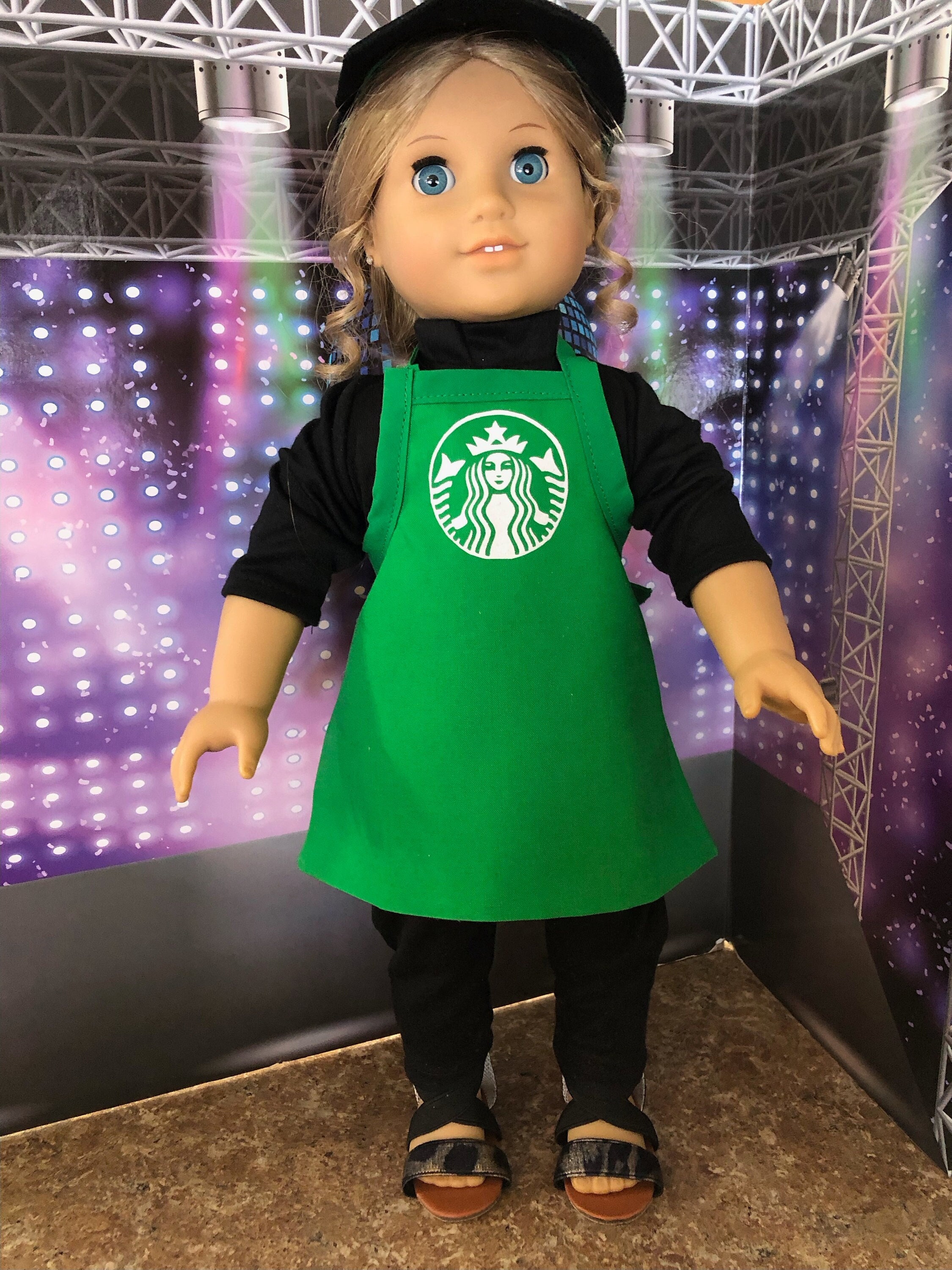 Starbucks Baby Yoda Barista Coffee Shop Inspired 18 inch American Girl doll  visor hat, apron, pants, shoes outfit play set accessories