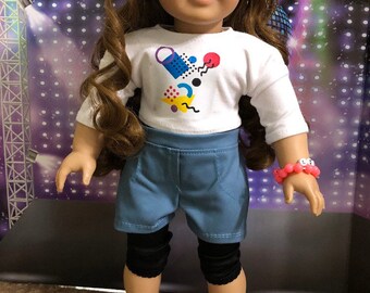 18 inch doll skater inspired outfit: 3/4 abstract logo shirt, shorts, leggings, shoes, bracelet, glasses