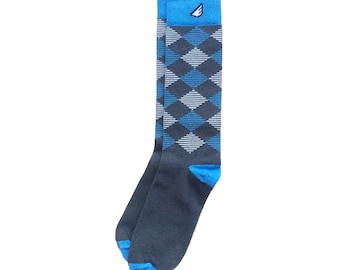 Wedding Groomsmen Socks | UNC Argyle socks - Dark Grey, Sky Blue & White - Fun Colorful - "Scotsman" Christmas Holiday Gift Stocking Stuffer