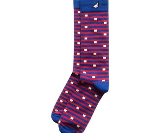 Fun Colorful Striped Pattern Men's & Women's Dress Socks in Blue, Red + White - "Firecracker" Christmas Holiday Stocking Stuffer