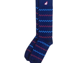 Unique Chevron Men's + Women's Dress Socks - Navy, Red & Sky Blue - Fun Colorful - "Charlie" Christmas Holiday Gift Stocking Stuffer