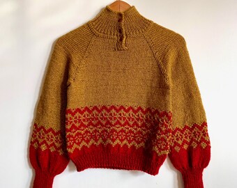 Mustard Yellow Henley Cropped Boxy Knitted Sweater with Geometric Motifs