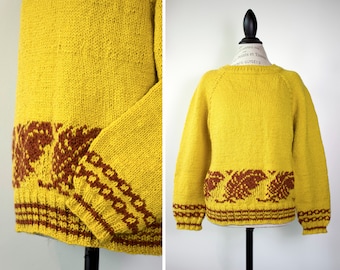 Yellow Boxy Knitted Sweater with Leaf Motifs