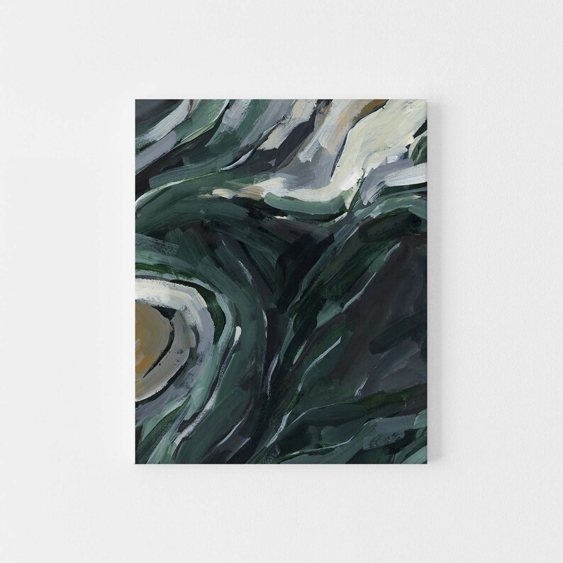 May include: Abstract painting with swirling green, blue, and white paint. The colors are muted and blend together to create a sense of movement.
