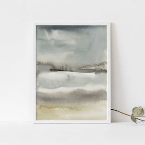 Watercolor Painting Lake Landscape Artwork Slate and Beige Tan Decor Neutral Beach Coastal Wall Art | "The Storms" - Art Print or Canvas