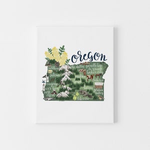 May include: A green outline of the state of Oregon with the word "Oregon" written in blue cursive. The outline is filled with illustrations of various cities and towns in Oregon, including Portland, Salem, Eugene, and Bend.