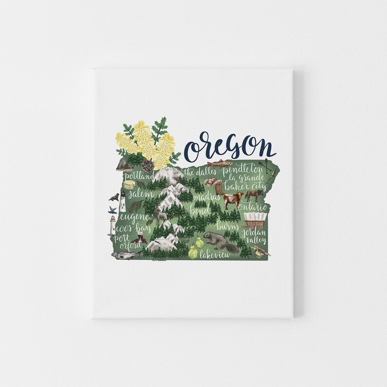 May include: A green outline of the state of Oregon with the word "Oregon" written in blue cursive. The outline is filled with illustrations of various cities and towns in Oregon, including Portland, Salem, Eugene, and Bend.