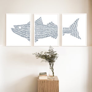 Striped Bass Fish Print Nautical Slate Boys Room Triptych | "Striped Bass Fish Modern Illustration" - Set of 3  - Art Prints or Canvases