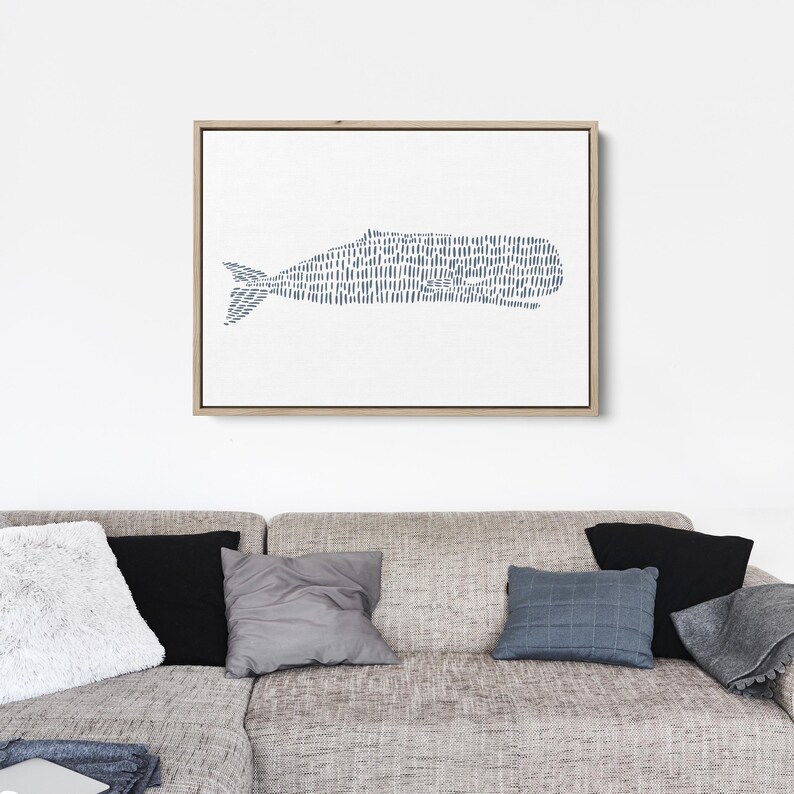 Coastal Decor | Nautical Wall Art with Whale Artwork in Slate Blue for Hamptons Style | "Sperm Whale Illustration" - Art Print or Canvas image 11