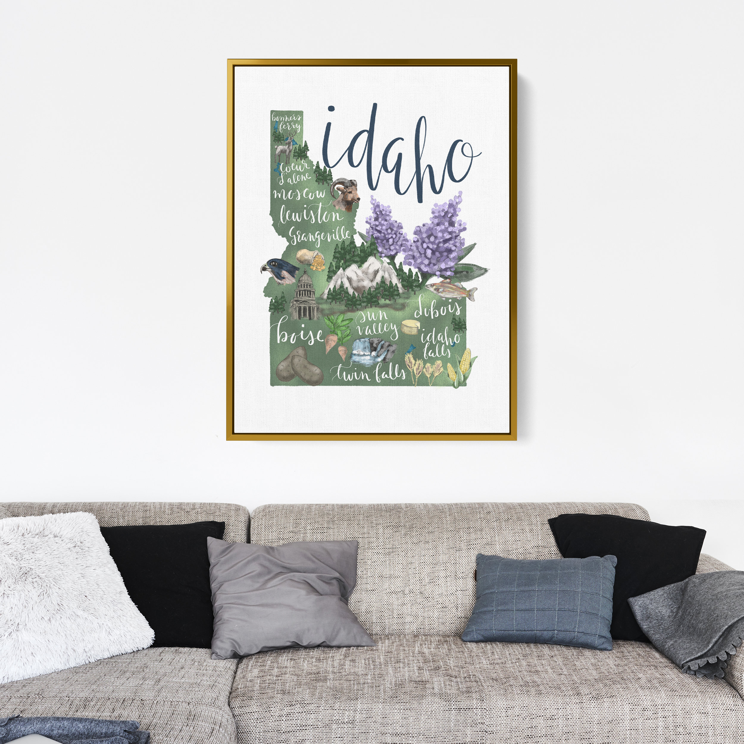Idaho State Map | Hometown Illustrated Drawing, Home State Gift Wall ...