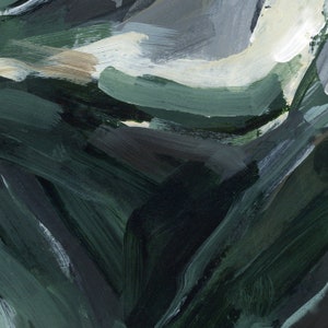 May include: Abstract painting with thick brushstrokes in shades of green, white, and gray. The painting has a textured, layered look.