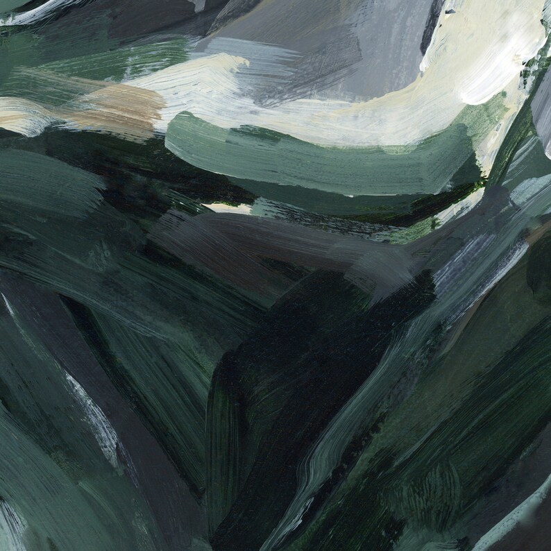 May include: Abstract painting with thick brushstrokes in shades of green, white, and gray. The painting has a textured, layered look.