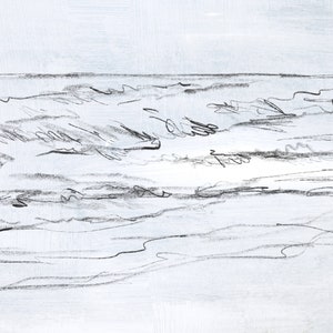 May include: A black and white pencil drawing of a seascape. The drawing depicts a series of waves crashing on the shore, with a light blue background.