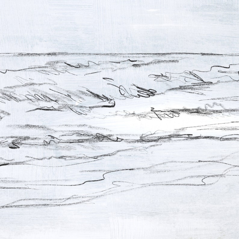 May include: A black and white pencil drawing of a seascape. The drawing depicts a series of waves crashing on the shore, with a light blue background.