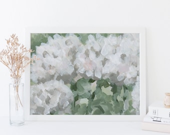 Hydrangea Painting Modern Floral Decor Farmhouse Muted Green and White Summer Flower Wall Art | "Hydrangea Summer" - Art Print or Canvas