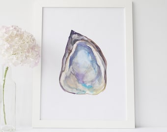 Coastal Decor Oyster Shell Painting Watercolor Southern Gulf Sea Shells Hamptons Wall Art | "Watercolor Oyster No. 2"  - Art Print or Canvas