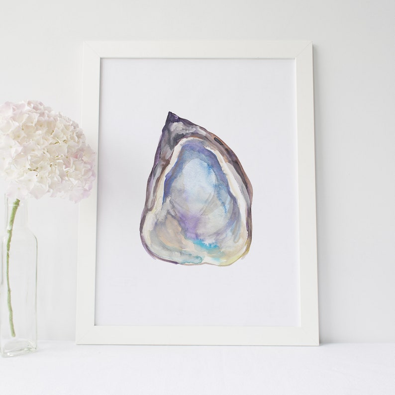 May include: A watercolor painting of a single oyster shell with a purple, blue, and white color scheme.