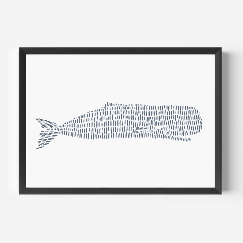 Coastal Decor | Nautical Wall Art with Whale Artwork in Slate Blue for Hamptons Style | "Sperm Whale Illustration" - Art Print or Canvas image 3