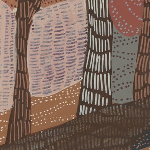 May include: Abstract painting with brown, white, pink, and gray lines and dots. The painting has a textured look and feel.