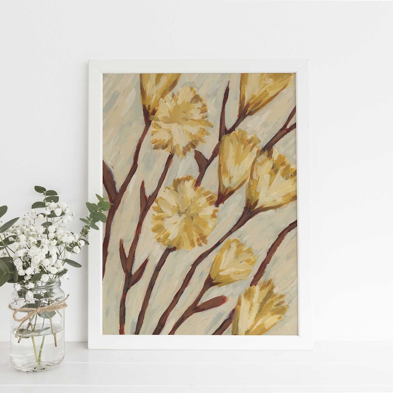May include: A framed painting of stylized yellow flowers with brown stems on a light gray background.