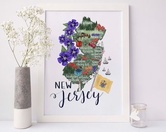 New Jersey State Map Illustration NJ Gift Home Garden State Decor Wall Art Print or Canvas