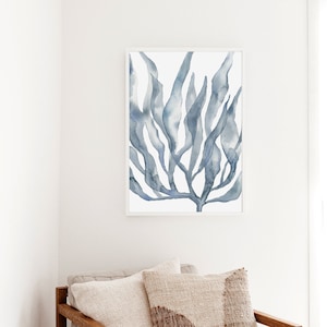 Coastal Art Print | Modern Coral and Navy Blue Art for Nautical Beach Decor | &quot;Blue Watercolor Seaweed Painting No. 2&quot; - Art Print or Canvas