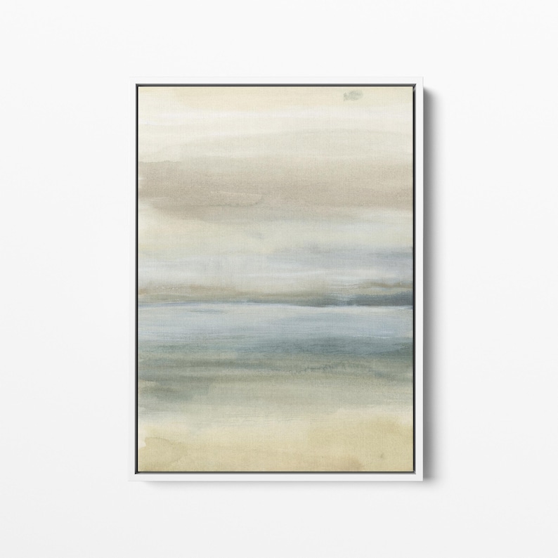 May include: Abstract watercolor painting with shades of beige, blue, and green. The painting depicts a horizontal landscape with a sky, water, and land.