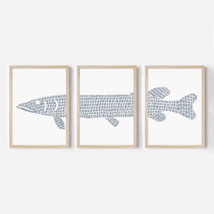 May include: Set of three framed prints featuring a stylized blue fish illustration. The fish is depicted in a minimalist style with a hatched pattern.